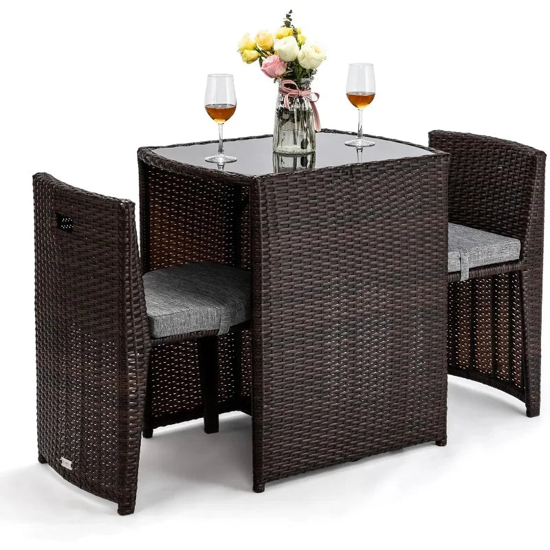 POPULAR.3 PCS Wicker Outdoor Patio Bistro Set, Patio Furniture Set for Small Space with Glass Top Table Dining Chairs, Ba