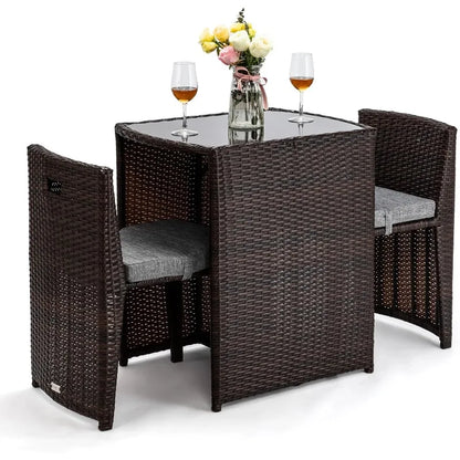 POPULAR.3 PCS Wicker Outdoor Patio Bistro Set, Patio Furniture Set for Small Space with Glass Top Table Dining Chairs, Ba