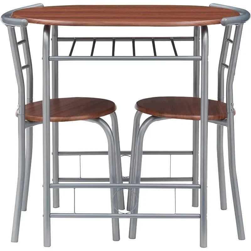 3 Piece Wood Round Table & Chair Set for Dining Room Kitchen Bar Breakfast, with Wine Storage Rack, Space Saving