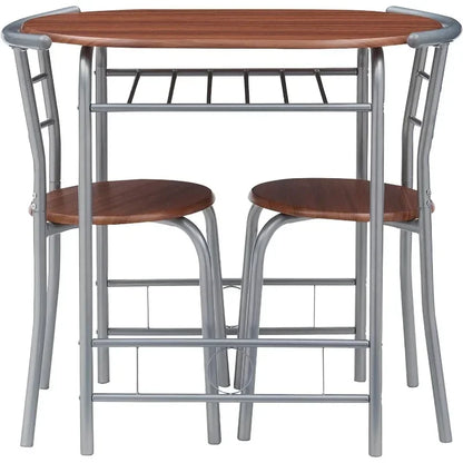 3 Piece Wood Round Table & Chair Set for Dining Room Kitchen Bar Breakfast, with Wine Storage Rack, Space Saving