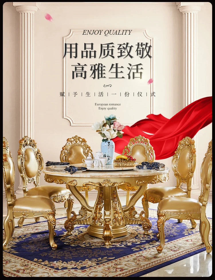 European dining table marble surface full solid wood carving flower home table and chair combination