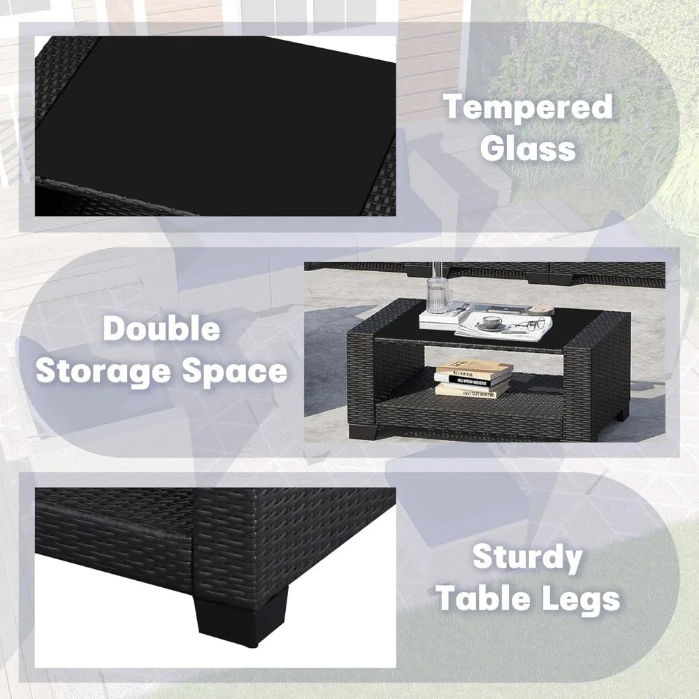 7-piece outdoor patio set, rattan chairs, glass table, wicker sectional for conversation seating