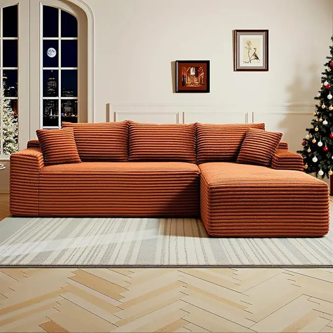 Modern 108 L-Shape Sectional Sofa, Deep Seated Cloud Couch, Corduroy Fabric, Black, Right Chaise, Living Room Furniture, No Asse