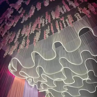 Glowing Curtain for Wedding Ceiling Decor, White Wave Tulle Fabric with Lights, Romantic Party Christmas Event Decoration