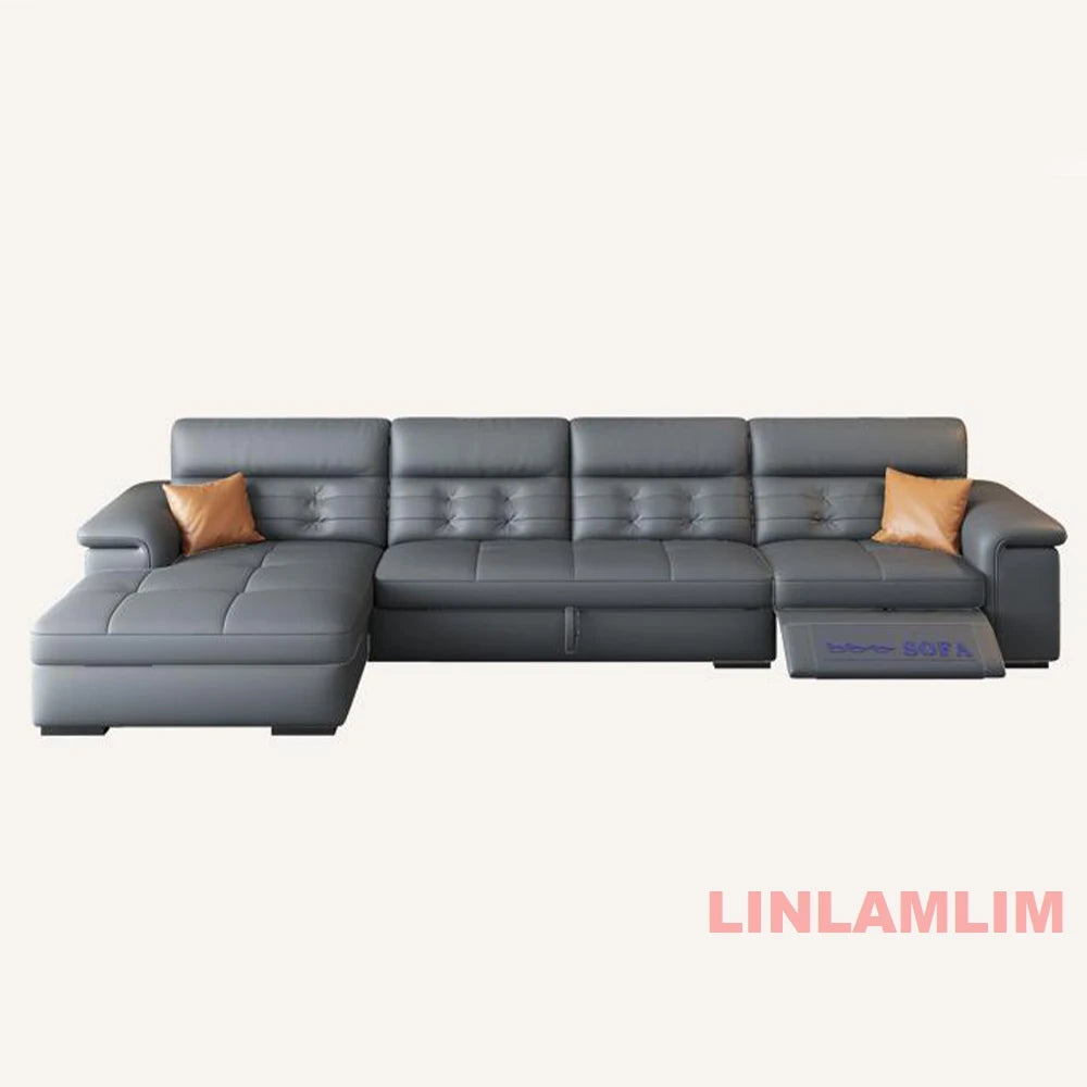 MANBAS Sectional Sofa Bed with Storage, Genuine Leather Reclining Couch, Space-Saving Convertible Sleeper Sofa for Living Room