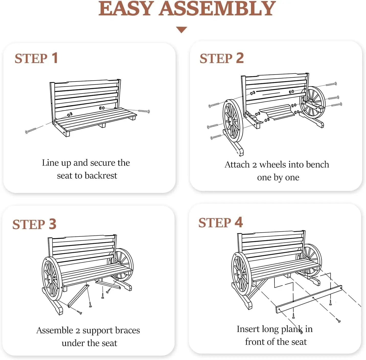 Rustic Wooden Outdoor Bench with Wagon Wheel Arms, 3-Seater Garden Patio Furniture for Porch or Yard