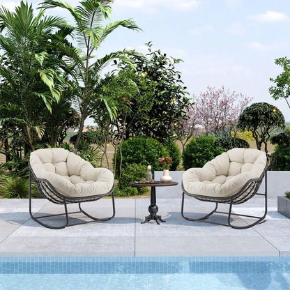 Rocking Chair With Padded Cushion Indoor Outdoor Comfy Papasan Rocker Chair With Upgraded Steel Frame Oversized Rattan EggShaped