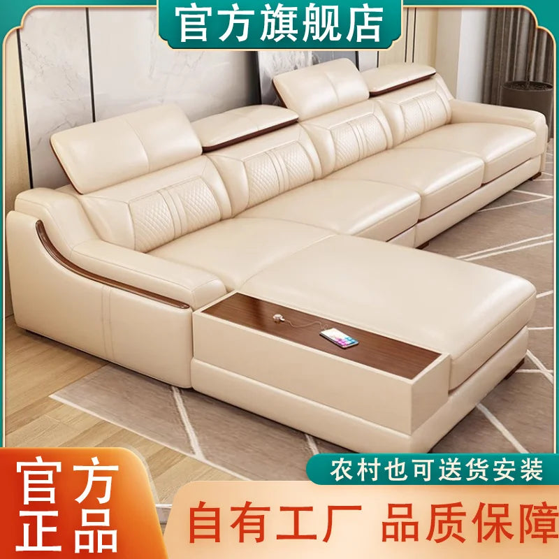 custom. [Official Genuine] Fulansige Leather Sofa Light Luxury Solid Wood Simple Small Yellow Cowhide Corner Small Apartment Cha