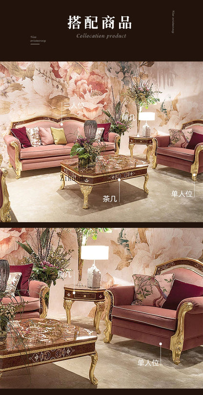European luxury solid wood carving flower sofa French parquet fabric sofa coffee table combination