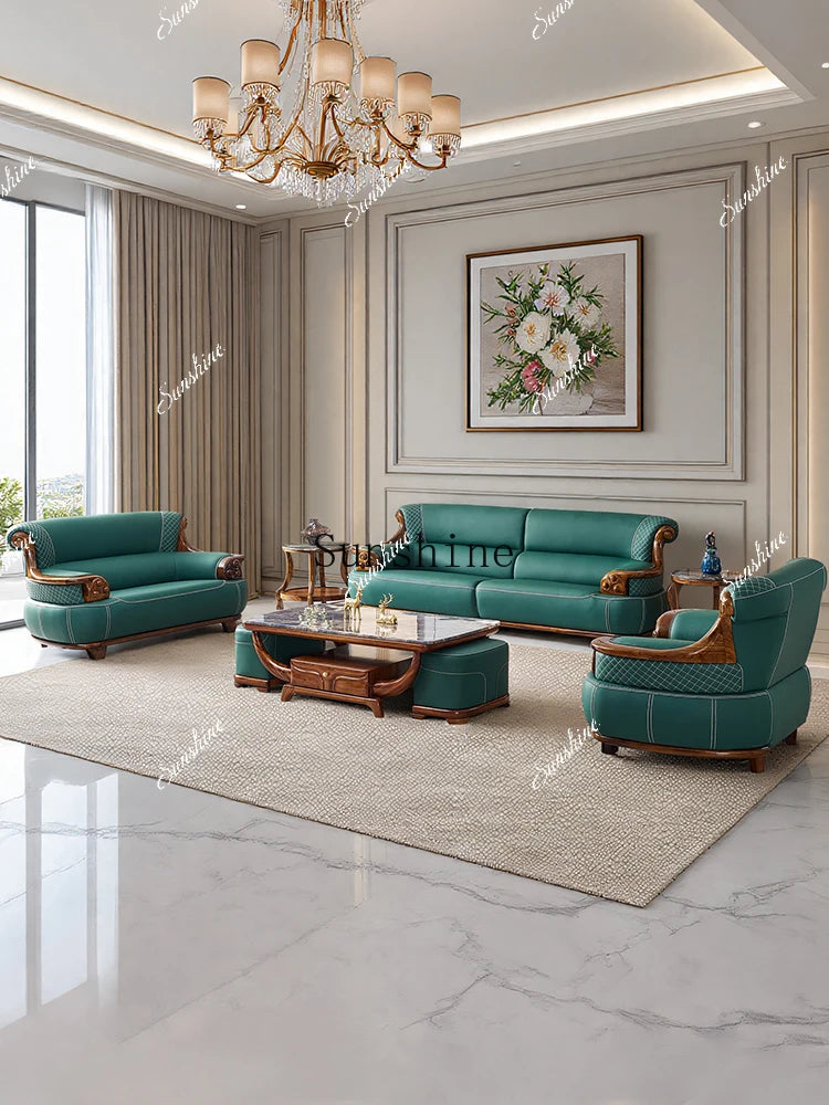 New Chinese-style thick leather sofa with solid wood 123 living room combination large apartment villa furniture  FT