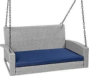 Woven Wicker Outdoor Porch Swing, Hanging Patio Bench for Deck, Garden with Mounting Chains, Seat Cushion - Gr
