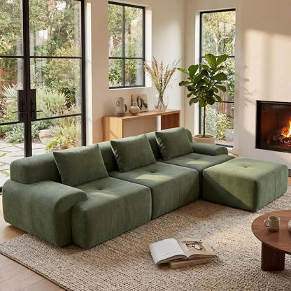Green Oversized L-Shape Sectional Sofa with Deep Seat, Ottoman, and 3 Pillows