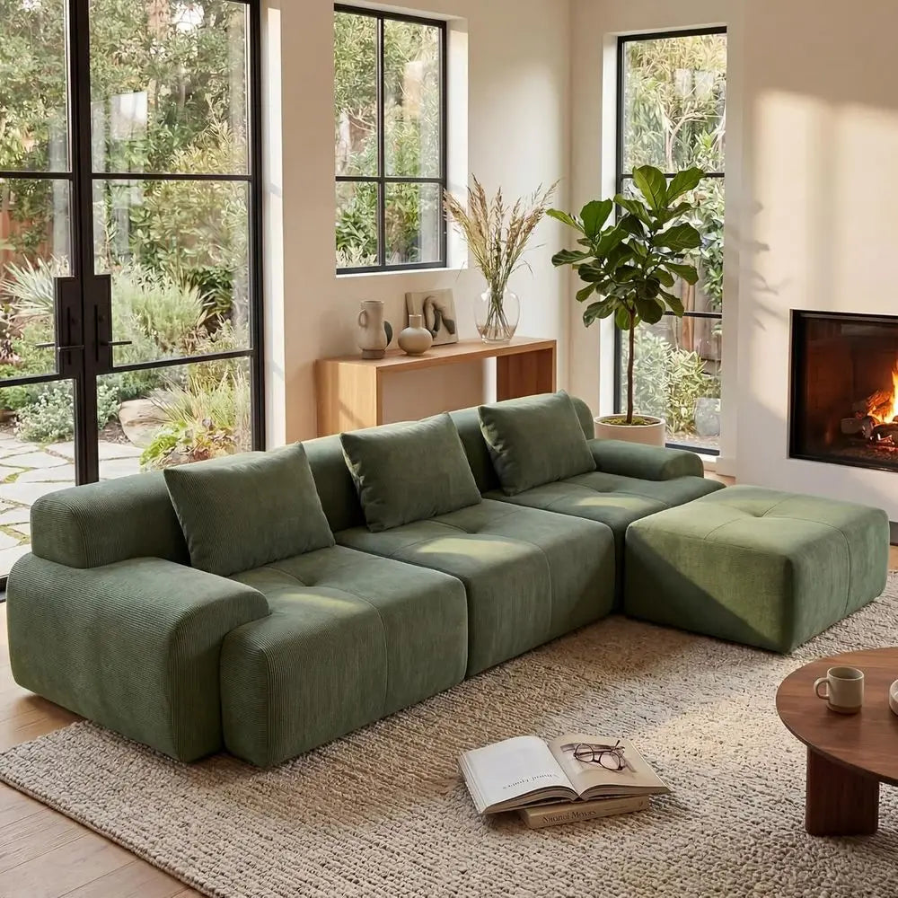 Green Oversized L-Shape Sectional Sofa with Deep Seat, Ottoman, and 3 Pillows