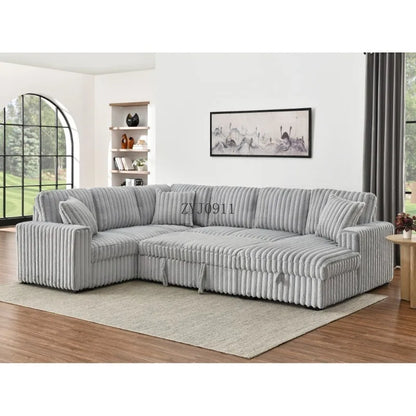 122-Inch lift sofa bed, plush fabric sofa bed with USB port, living room khaki sofa