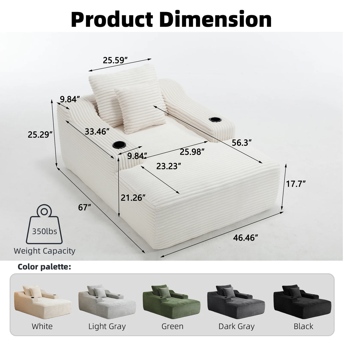 67 Inch Chaise Lounge Chair Indoor, Oversized Corduroy Upholstered Boneless Sofa Bed, Cloud Sofas Couches for Living Room