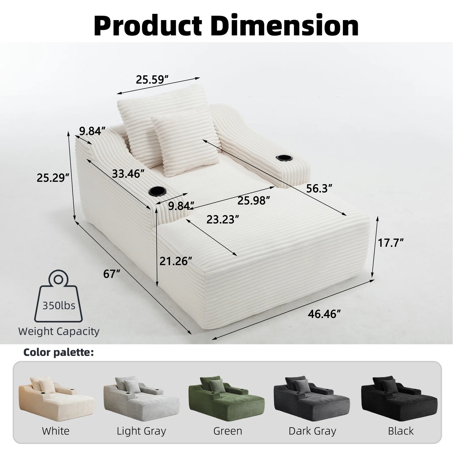 67 Inch Chaise Lounge Chair Indoor, Oversized Corduroy Upholstered Boneless Sofa Bed, Cloud Sofas Couches for Living Room