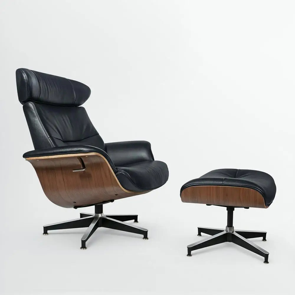 Modern Reclining Swivel Lounge Chair, With Walnut Black Genuine Leather, Ottoman Included