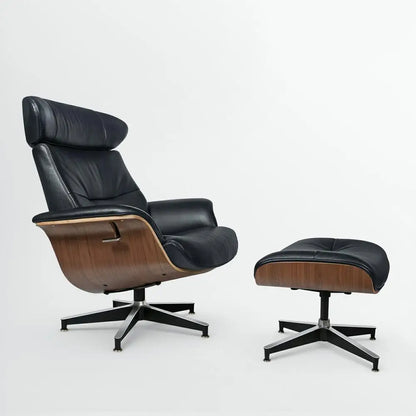 Modern Reclining Swivel Lounge Chair, With Walnut Black Genuine Leather, Ottoman Included