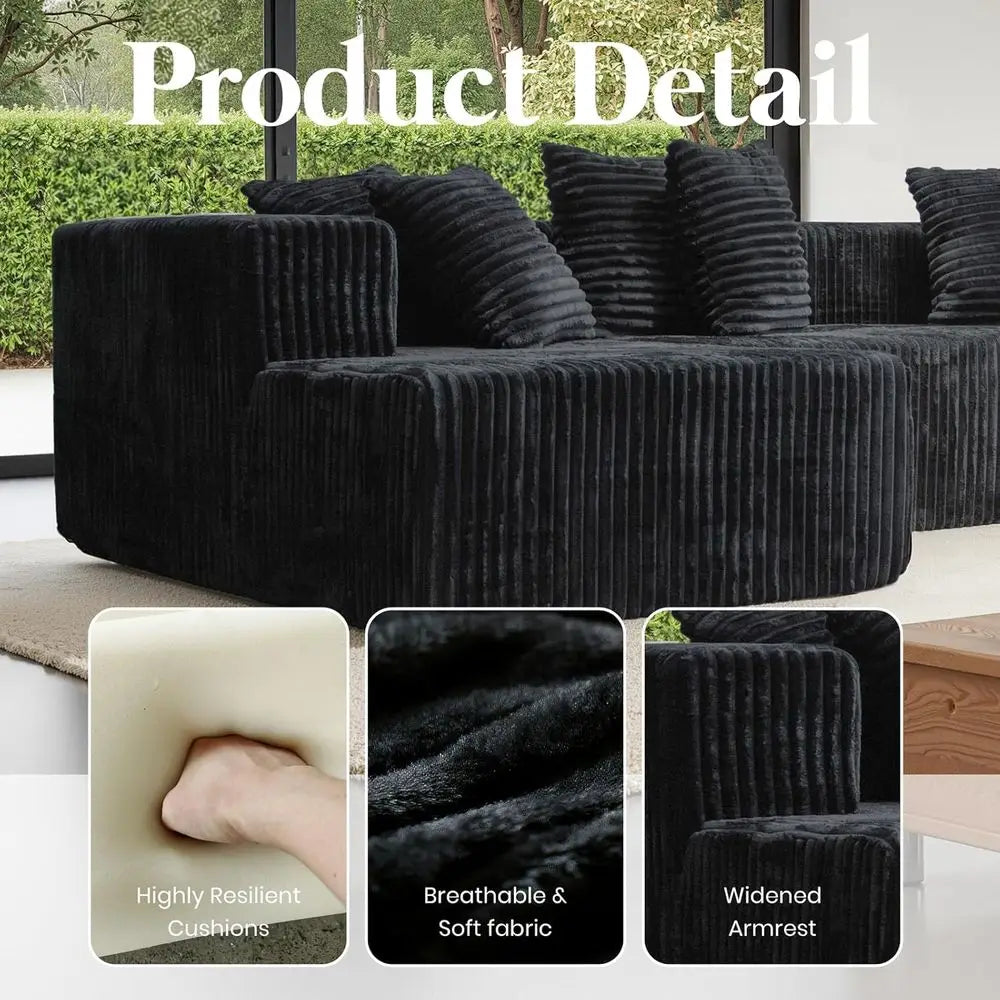 130 Black Bonded Leather Cloud Sofa with 2 Chaise Lounges, 4-in-1 Flexible Layered Foam Cushion, Deep Seating, No Assembly Neede