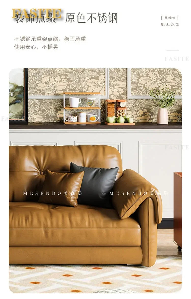 Oil wax leather sofa, French retro style, large and small apartment, living room straight combination