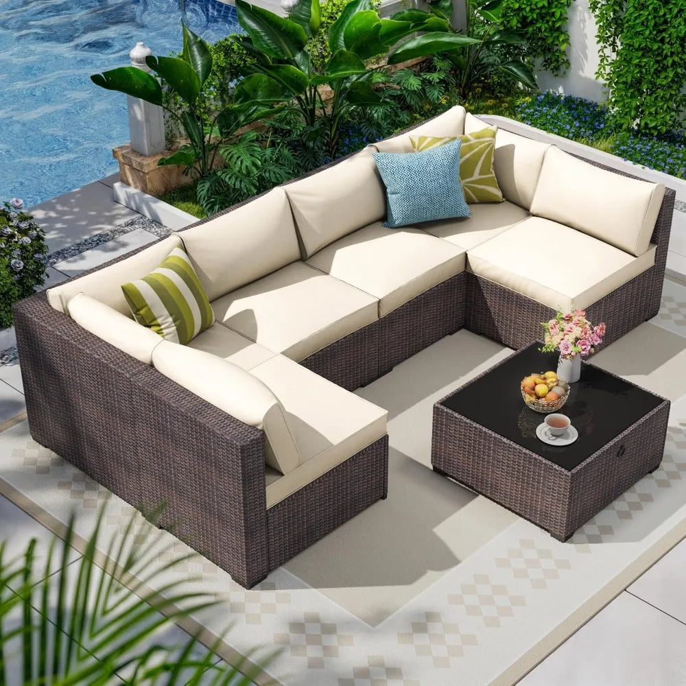 Seven Piece Patio Set, Rattan Wicker Sectional Sofa, Modern Modular Conversation Furniture