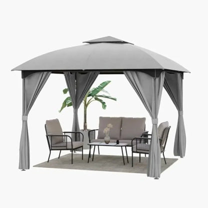 10'x10' Patio Arc Gazebo, Outdoor Canopy Tent with Curved Roof Design, Double Tier Top, Privacy Curtains and Wind-Resistant Rop