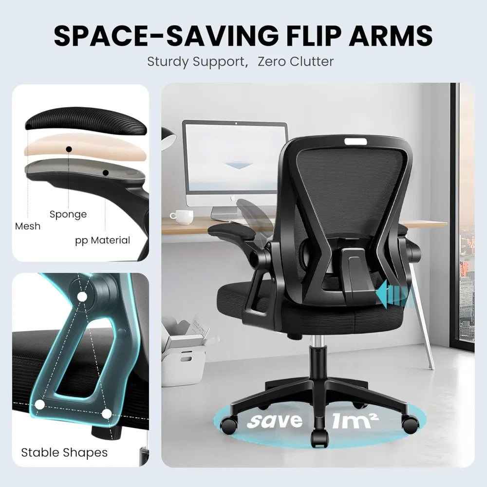 Office Chair, Ergonomic Home Computer Desk Chairs, Comfy Breathable Mesh Chair with Adjustable Lumbar Support Flip-up Armrests