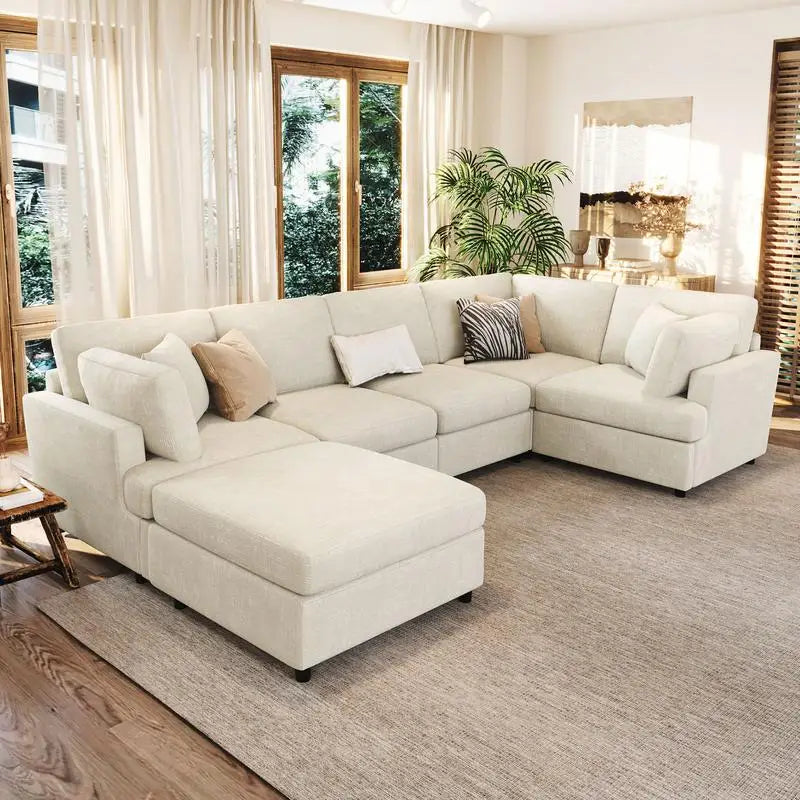 U-Style 127" U-Shaped Sectional Sofa with Movable Ottoman, 6-Piece Chenille Fabric Sofa Set, Convertible Modular Corner Couch