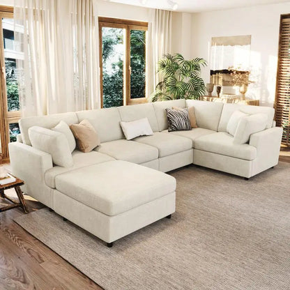 U-Style 127" U-Shaped Sectional Sofa with Movable Ottoman, 6-Piece Chenille Fabric Sofa Set, Convertible Modular Corner Couch