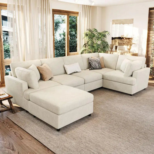 U-Style 127" U-Shaped Sectional Sofa with Movable Ottoman, 6-Piece Chenille Fabric Sofa Set, Convertible Modular Corner Couch