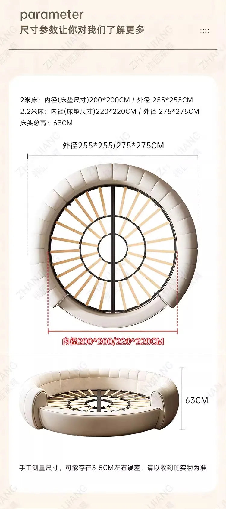 Bedroom Furniture Fabric Cream Style Double Wedding Bed Modern 200 X 200 Home Hotel Design Round Bed King Size Wooden Wood
