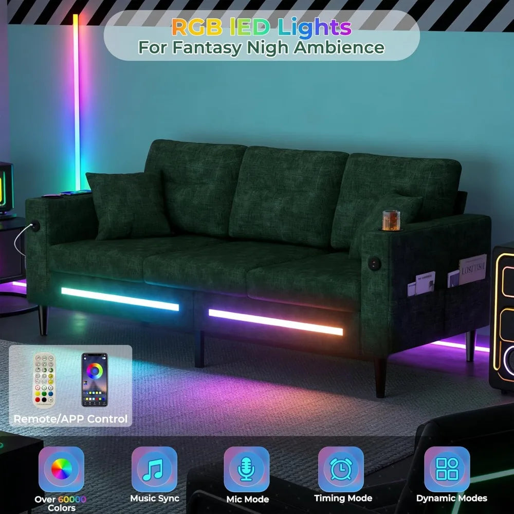 77" Small Cloud Loveseat 3 Seater Sofa, Green | Deep Seat, LED Light, USB Charger, Chenille, Modern, Customized