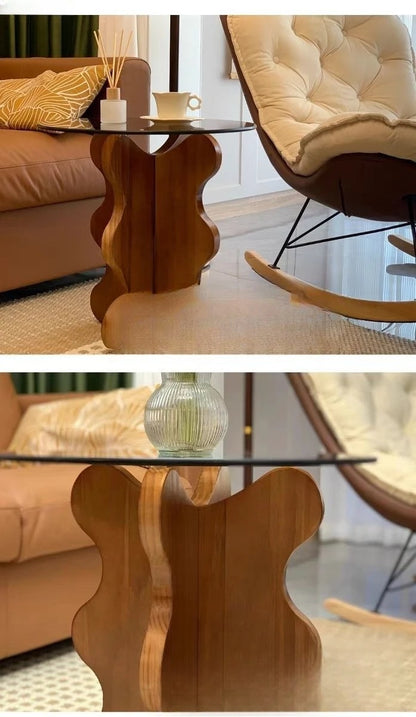 Table basse créative en bois massif avec bordure en pétales de style rétro français, plateau en verre trempé