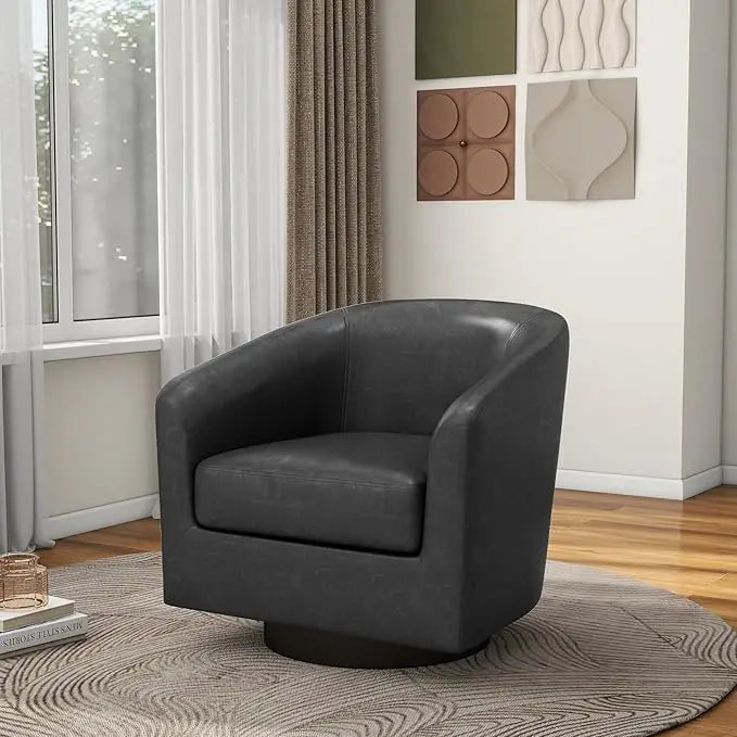 Faux Leather Swivel Barrel Accent Chairs, 360° Swivel Round Single Sofa Chair, Comfy Upholstered Club Armchair for Liv