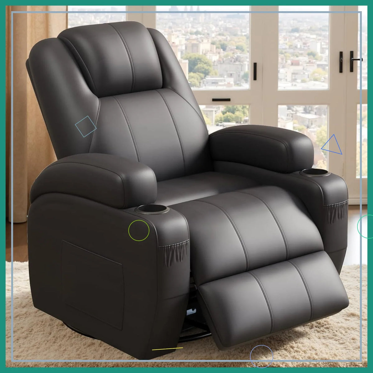 360° Swivel Recliner Chair with Vibration Massage, Ergonomic Lounge Rocker for Adults, Cup Holders & Side Pockets