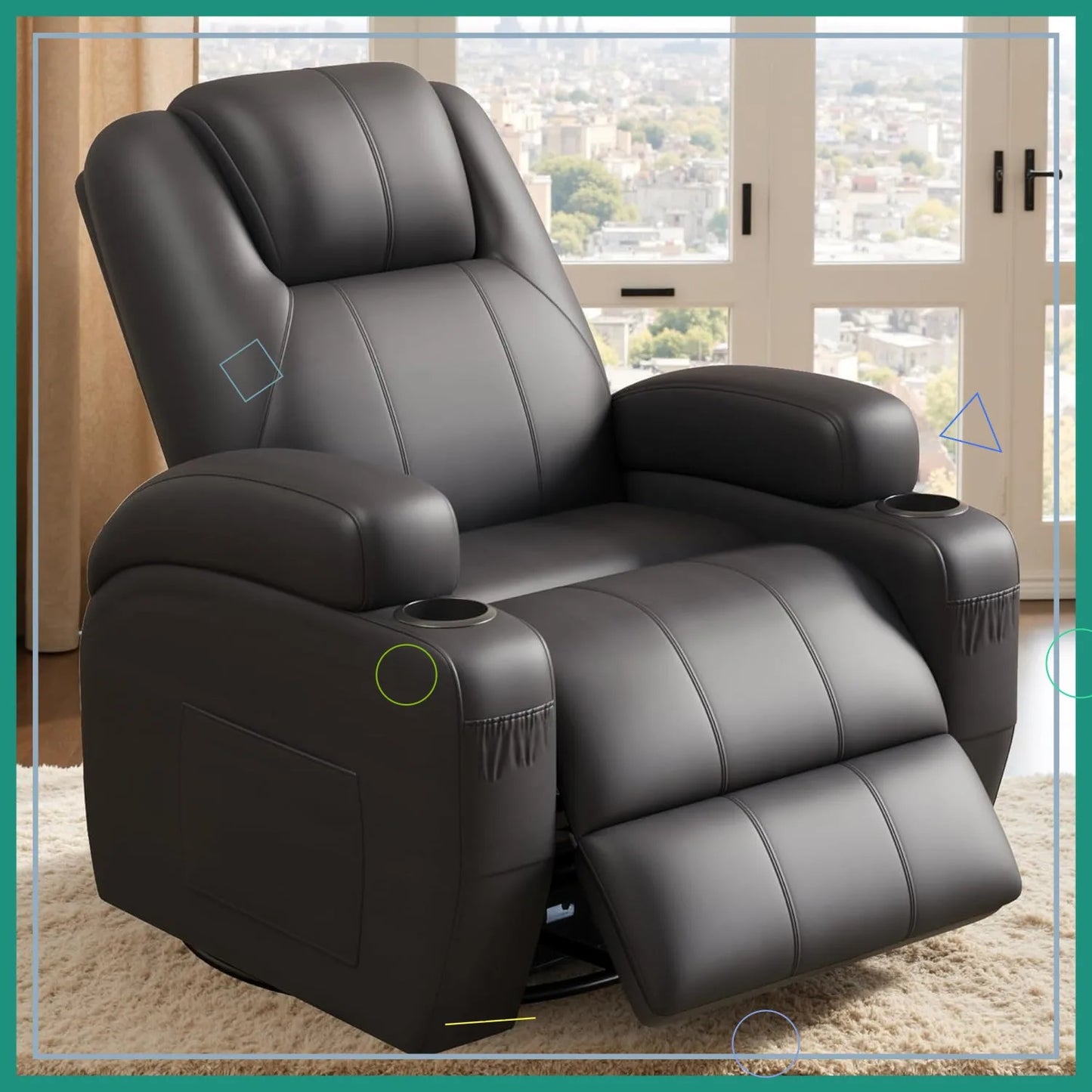 360° Swivel Recliner Chair with Vibration Massage, Ergonomic Lounge Rocker for Adults, Cup Holders & Side Pockets