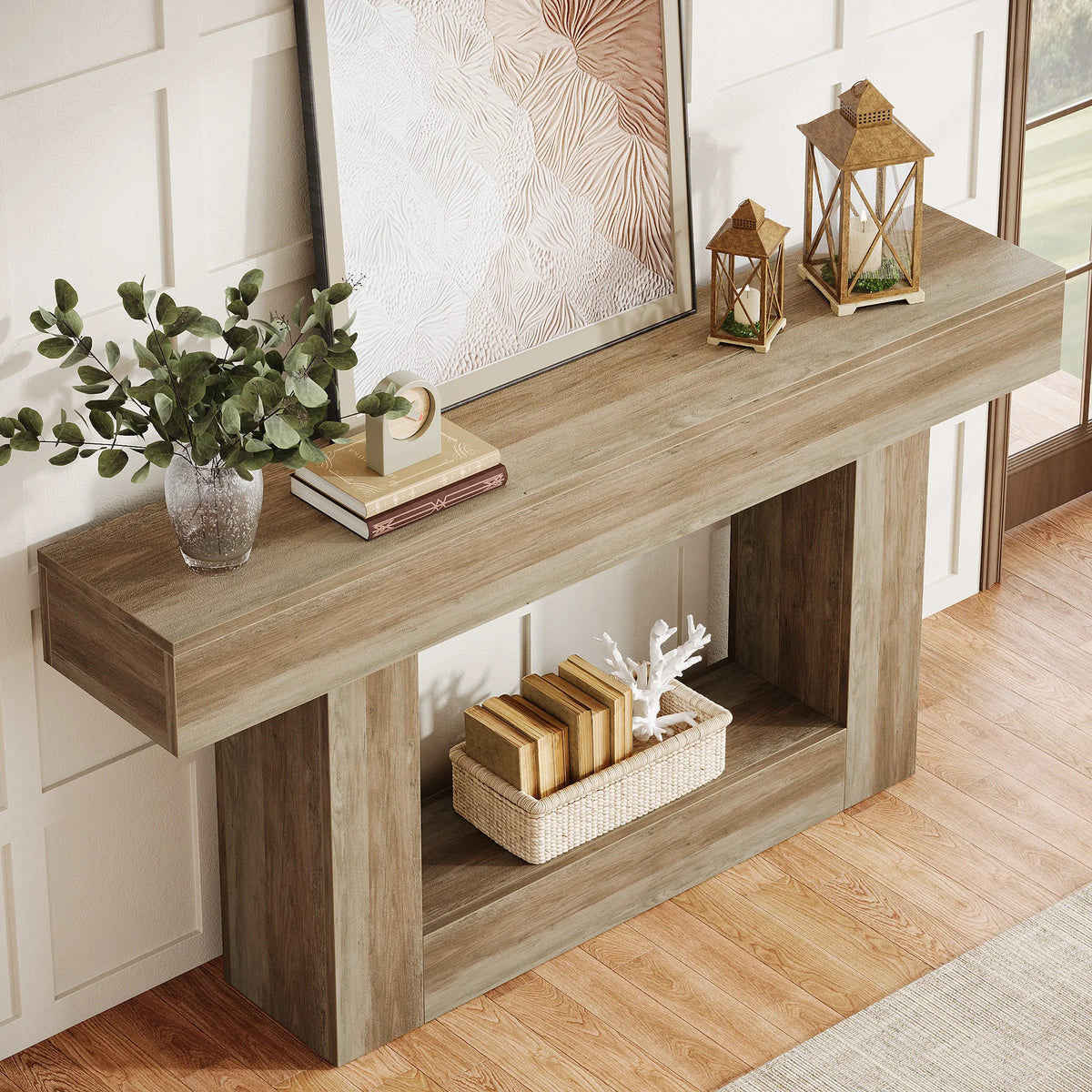 Rustic 2-Tier 63 Console Table with Storage for Entryway, Living Room, and Hallway in Brown & Gray