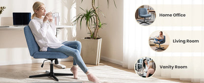 Criss Cross Legged Office Chair, Armless Wide Seat No Wheels, Modern Home Desk Height Adjustable Swivel