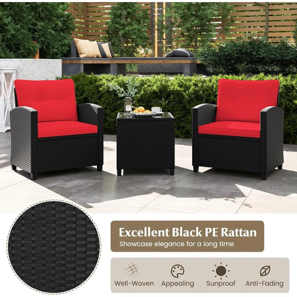 3 Pieces Patio Furniture Set, Rattan Conversation Set w/Soft Seat & Back Cushions, Tempered Glass Topped Coffee Table