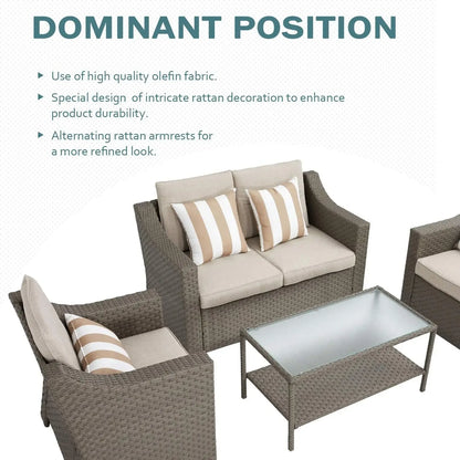 Outdoor Patio Furniture Conversation Set Rattan Wicker Chairs and Glass Top Table All-Weather and Thick Cushions