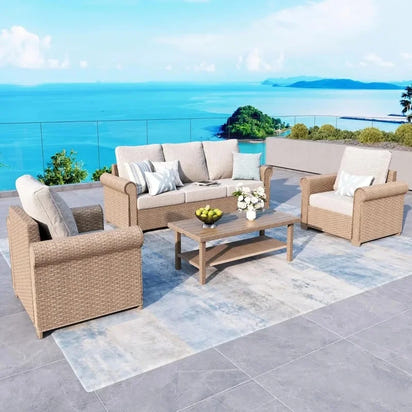 4-Piece Outdoor Patio Furniture Set, Wicker Rattan Conversation Set with 3-Seat Sofa, 2 Chairs, and Coffee Table