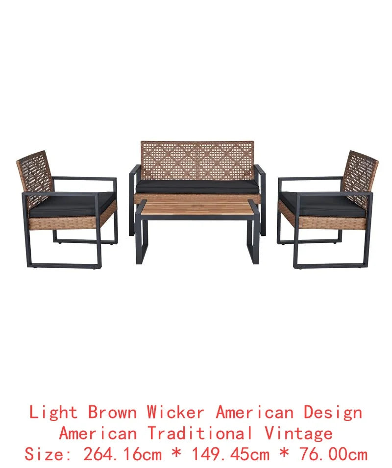 4-Piece Outdoor Patio Furniture Set for Balcony Garden Lawn, Gray Acacia Wood Table, Blue Cushions, Light Gray Rattan