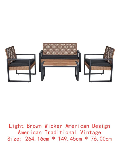 4-Piece Outdoor Patio Furniture Set for Balcony Garden Lawn, Gray Acacia Wood Table, Blue Cushions, Light Gray Rattan