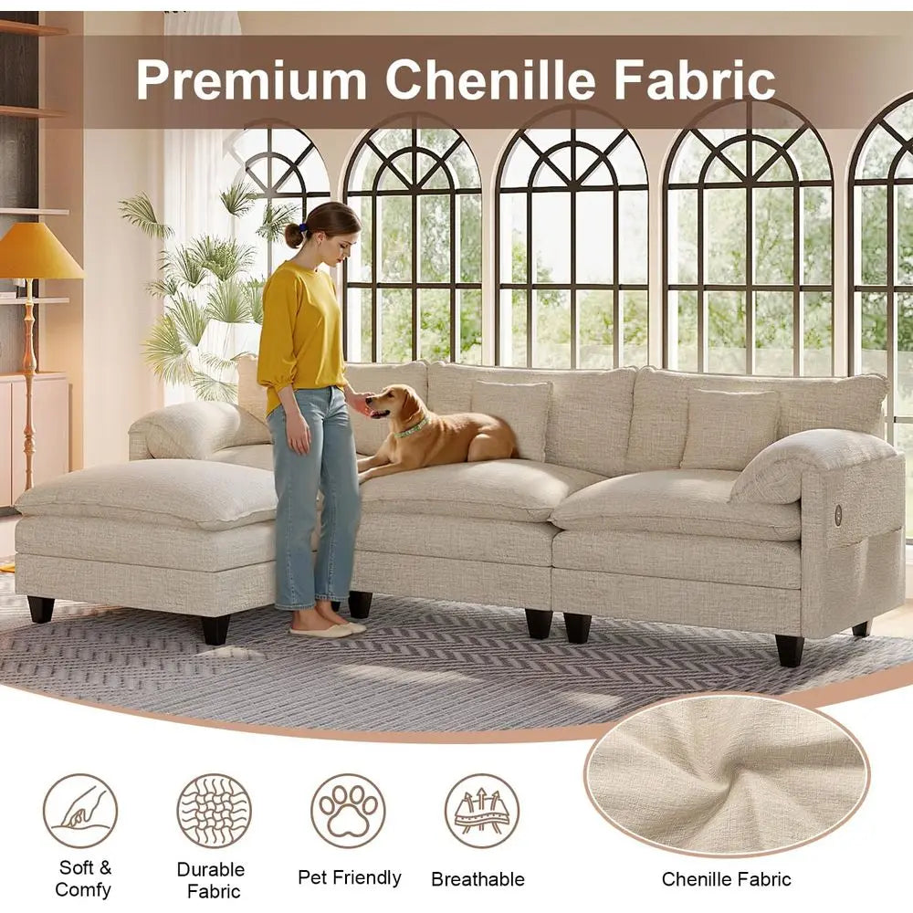 108 L-Shaped Chenille Sofa with Ottoman, Charging Station, Pockets & Pillows for Modern Living Rooms