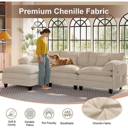 108 L-Shaped Chenille Sofa with Ottoman, Charging Station, Pockets & Pillows for Modern Living Rooms