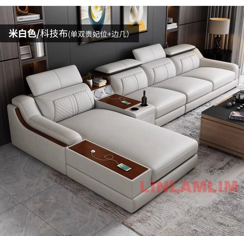 Modern U-Shaped Sectional Sofa Set with Chaise Lounge, Genuine Leather Couch with Storage Table, USB – Big Living Room Furniture