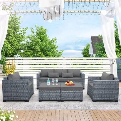 Patio Furniture Set, 5-Piece Outdoor Wicker Conversation Set with All-Weather PE Rattan, Anti-Slip Cushions & Ottomans, Sectiona