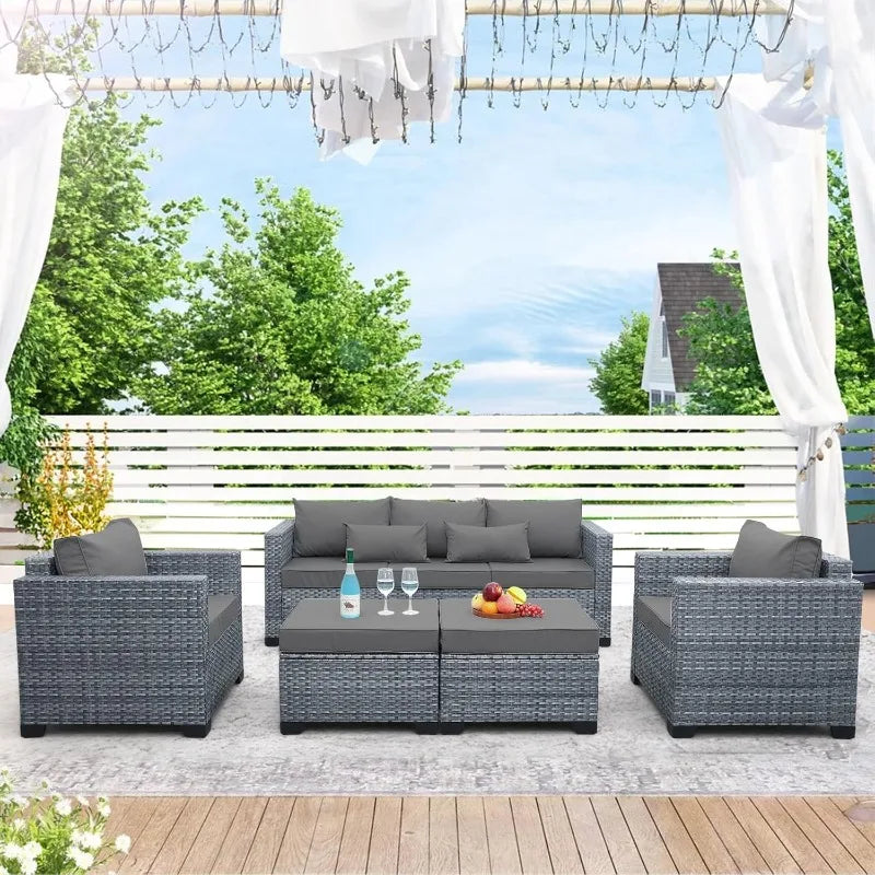 Patio Furniture Set, 5-Piece Outdoor Wicker Conversation Set with All-Weather PE Rattan, Anti-Slip Cushions & Ottomans, Sectiona