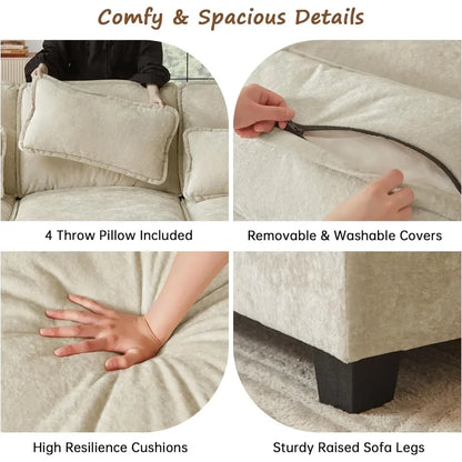 Chenille Sofa Sleeper Deep Seat Sofa with 4 Throw Pillows, 4-Seater,113" U Shaped Sectional Sofa, Comfy Cloud Couch