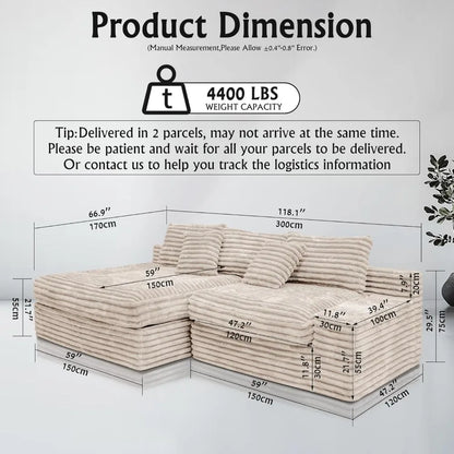 Couches for Living Room-Corduroy Couch Beige,118 Cloud Sectional Couch with L-Shape Chaise, Modern Modular Sofa